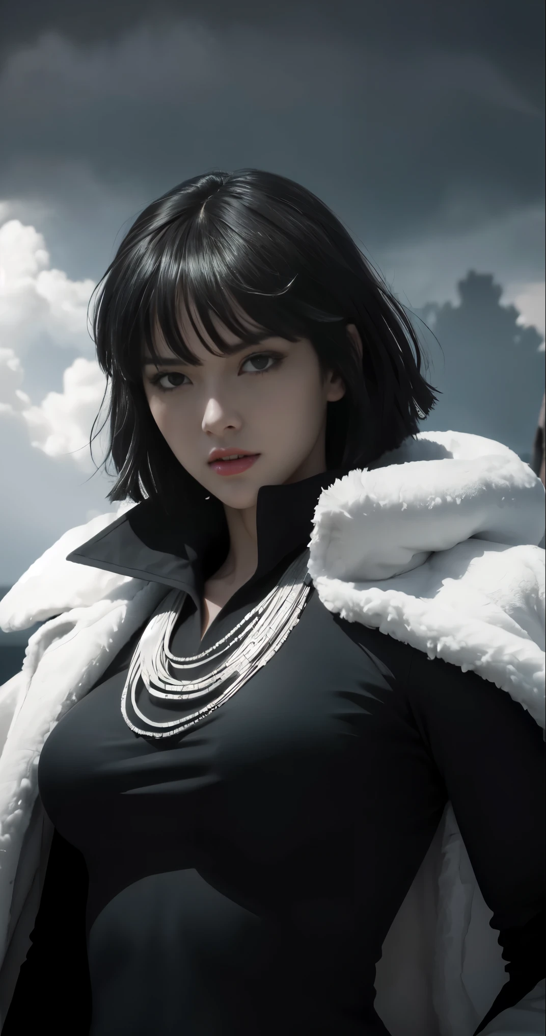 FUBUKI, (BLACK HAIR), Straight hair, TAUT CLOTHES, FUR COAT, JEWELRY, NECKLACE, long face, short hair, straight hair, (photorealistic:1.2), (masterpiece), best quality, (detailed face:1.4), raw photo, ultra realistic 8k, perfect artwork, (background violent tornado and storm :1.2),BREAK, photography,masterpiece,best quality,HDR,highres,realistic details,8K,HDR,highres,absurdres,1girl fly in the air, fubuki,expressionless, tiny breasts,masterpiece,ultra realistic,32k,extremely detailed CG unity 8k wallpaper, best quality