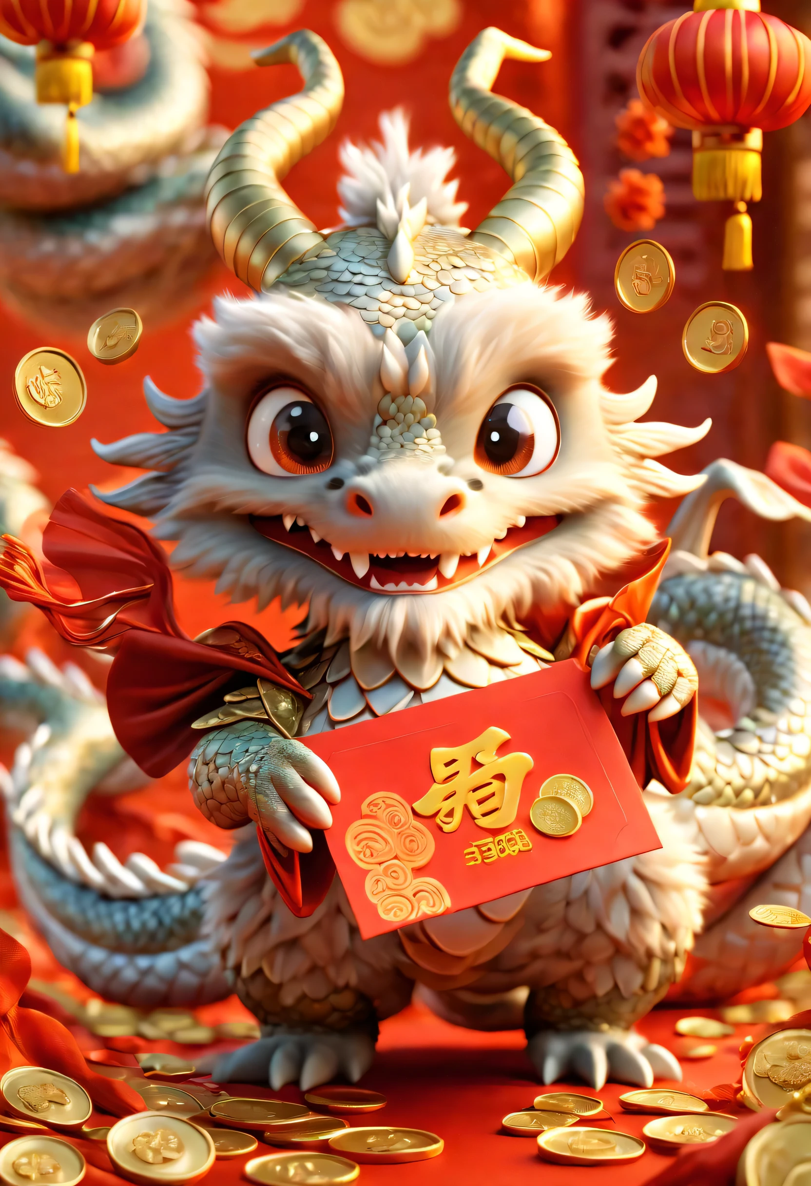 poster design：Chinese New Year is here，Cute little Chinese dragon so happy，hairy，purse，There are many gold coins in the air，Chinese element background blur，