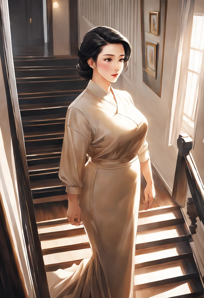 Masterpiece, best quality, 16k, realistic, a 40 year old young woman standing on the stairs, Mature female, slightly overweight，home, open lips, speaking, white temperament brand clothes, eye details, anime style, slicked_back_hair,Black hair, Korean luxurious room, harmonious colors, soft light