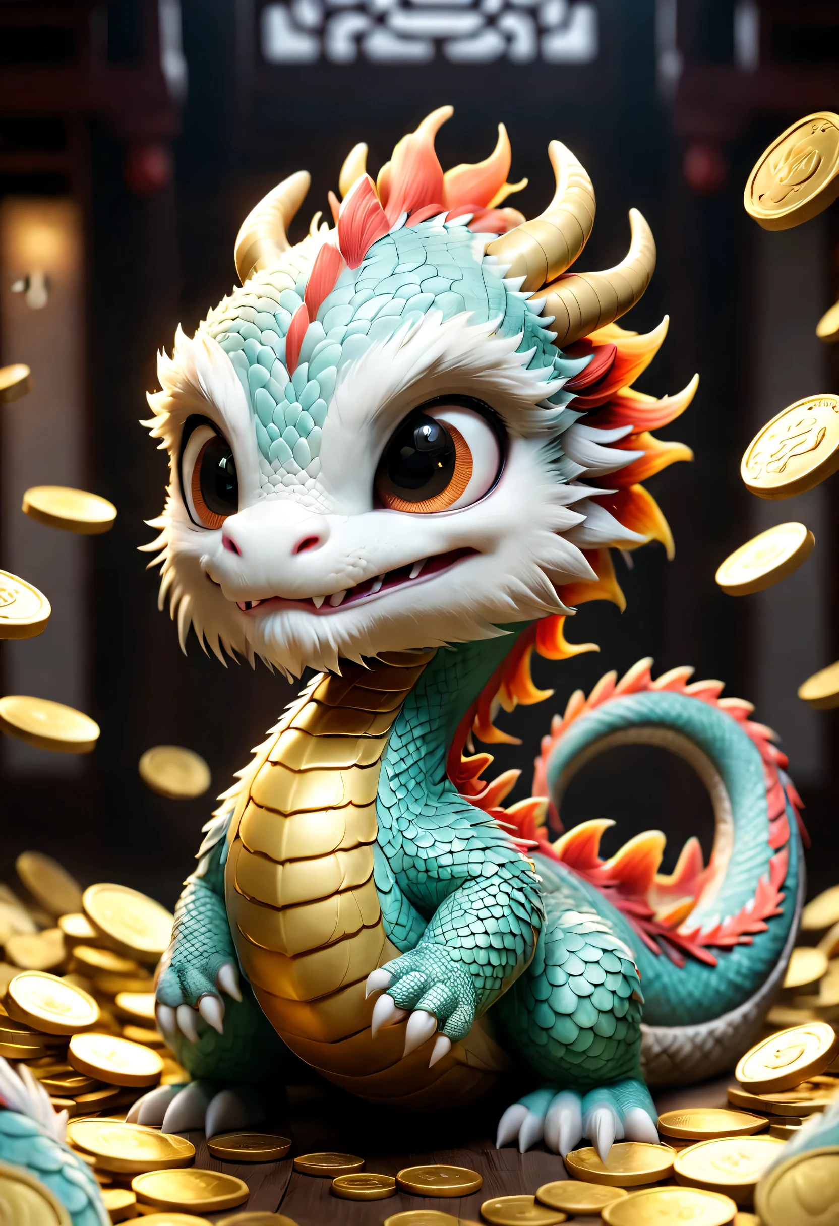 poster design：Chinese New Year is here，Cute little Chinese dragon so happy，hairy，purse，There are many gold coins in the air，Chinese element background blur，