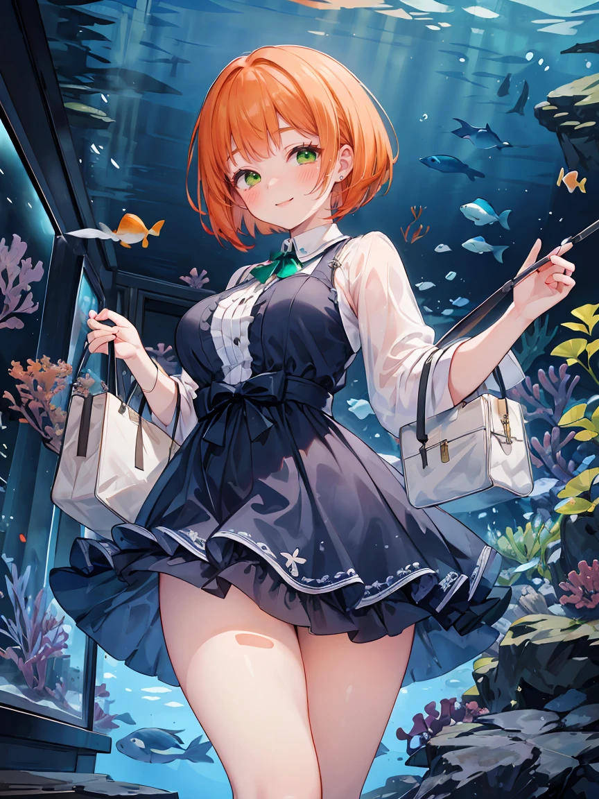 ((8K masterpiece,highest quality)), ultra high resolution, hyper detail, (1 girl), beautiful face, beautiful and delicate eyes, Big eyes,shining eyes of light,Thin and long eyelashes,((orange hair)),((green eyes)),(bob cut),big breasts,Narrow waist light blue dress,(very large thighs),white bag,White pumps,(grinning face),small blush,(big smile),greeting,((aquarium)), particles of light,motion blur,Depth of bounds written,spectacular panoramic view,Angle from the side