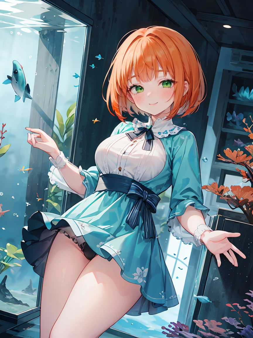 ((8K masterpiece,highest quality)), ultra high resolution, hyper detail, (1 girl), beautiful face, beautiful and delicate eyes, Big eyes,shining eyes of light,Thin and long eyelashes,((orange hair)),((green eyes)),(bob cut),big breasts,Narrow waist light blue dress,(very large thighs),white bag,White pumps,(grinning face),small blush,(big smile),greeting,((aquarium)), particles of light,motion blur,Depth of bounds written,spectacular panoramic view,Angle from the side