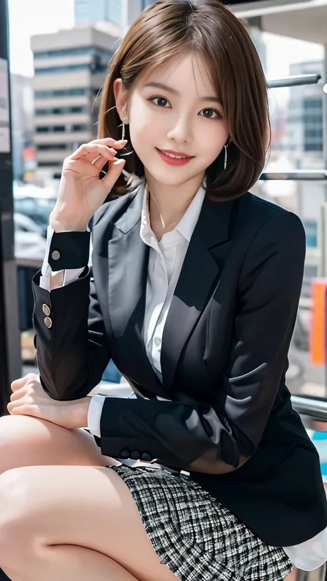 beautiful japanese woman，Photos taken by a professional photographer，Fancy makeup with red eyeshadow，double eyelid，The best smile，Delicate brown hair with short cut and side waves，big ring earrings，elegant legs，Wearing black high heels，long and thin legs, ...