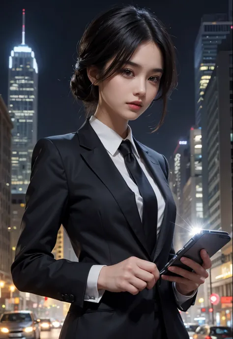 eautiful woman. detailed drawing of the face. a masterpiece. black hair. he is wearing a black business suit. in one hand, he ho...