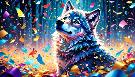 Bright confetti rains down, Stunning illustration featuring a kaleidoscope of colorful confetti, Dark fantasy world, enchanted b...