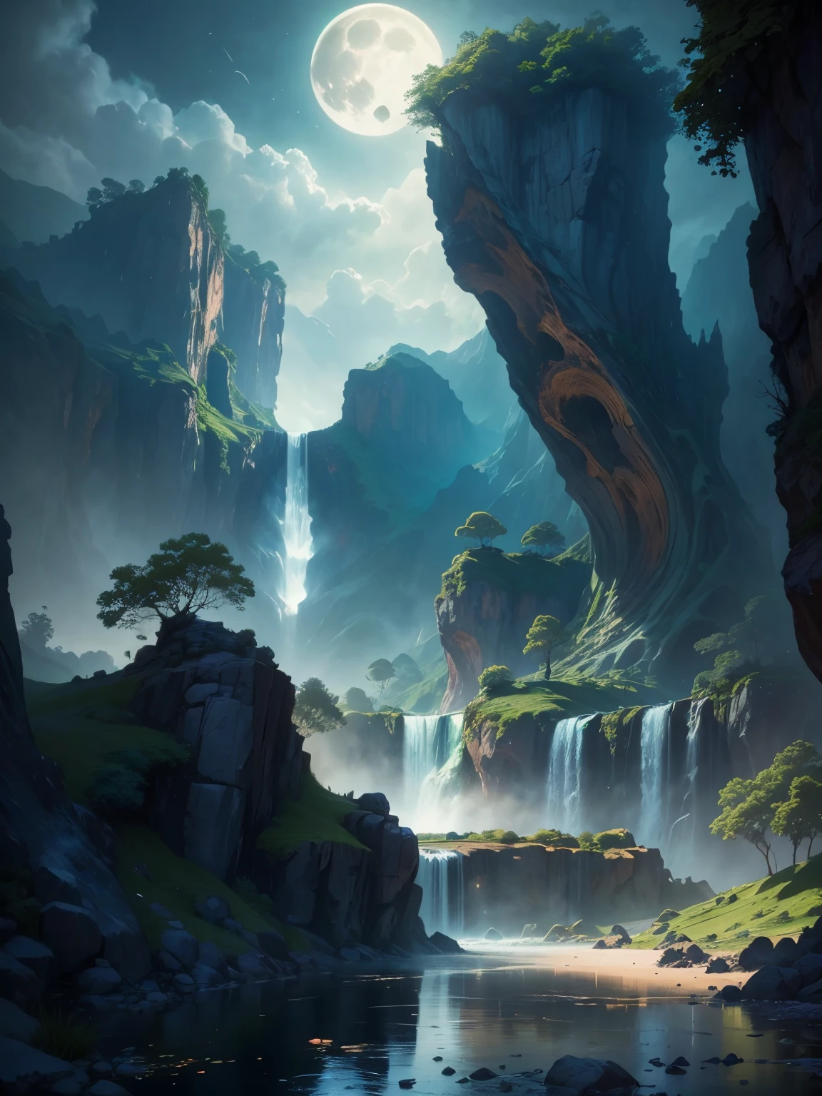 there is a large waterfall in the middle of a mountain, ancient city, epic matte painting of an island, the lost city of atlantis, an aztec city in a island lake, ancient city landscape, lost city of atlantis, marc simonetti. intricate, beautiful concept art, stunning concept art, highly realistic concept art, art style of marc simonetti, (((masterpiece))), best quality, high quality, extremely detailed CG unity 8k wallpaper, scenery, outdoors, sky, cloud, no people, mountain, landscape, water, tree, blue sky, waterfall, cliff, nature, lake, river, cloudy sky,award winning photography, Bokeh, Depth of Field, HDR, bloom, Chromatic Aberration ,Photorealistic,extremely detailed, trending on artstation, trending on CGsociety, Intricate, High Detail, dramatic, art by midjourney, tall waterfall, painting of a river with rocks and trees in the foreground, near a river, landscape, jungle, waterfall, crystal clear water, night light,((full moon)), colorful, river with rocks, rock bridge, epic, fantasy, ((roses and flowers on the banks of the pond)), ((oil painting)), moon landscape reflected in river, ((rock bridge))