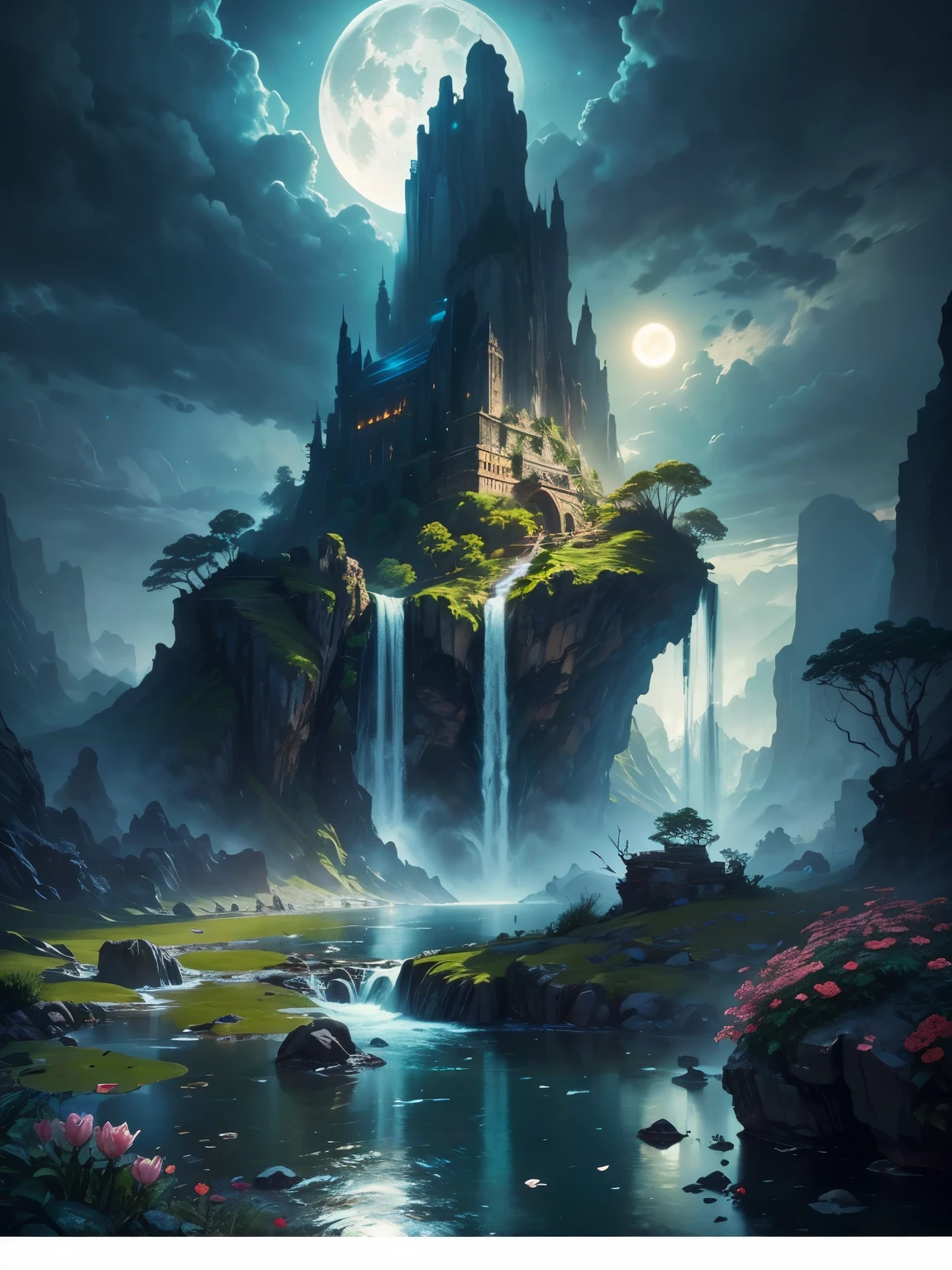 there is a large 水fall in the middle of a 山, 古城, 史诗 matte painting of an island, the 失落的亚特兰蒂斯城, an aztec city in a island 湖, 古城 景观, 失落的亚特兰蒂斯城, 马克·西蒙内蒂. 错综复杂, 美丽的概念艺术, 令人惊叹的概念艺术, 高度逼真的概念艺术, art style of 马克·西蒙内蒂, (((杰作))), 最好的质量, 高质量, 极其详细 CG unity 8k wallpaper, 风景, 户外, 天空, 云, 没有人, 山, 景观, 水, 树, blue 天空, 水fall, 悬崖, 自然, 湖, 河, 云y 天空,获奖摄影, 散景, 景深, HDR, 盛开, 色差 ,真实感,极其详细, artstation 上的热门, CGsociety 上的热门, 错综复杂, 高细节, 戏剧性, midjourney 的艺术作品, tall 水fall, painting of a 河 with rocks and 树s in the foreground, near a 河, 景观, 丛林, 水fall, crystal clear 水, 小夜灯,((满月)), 丰富多彩的, 河 with rocks, 石桥, 史诗, 幻想, ((池塘岸边的玫瑰和鲜花)), ((油画)), moon 景观 reflected in 河, ((石桥))