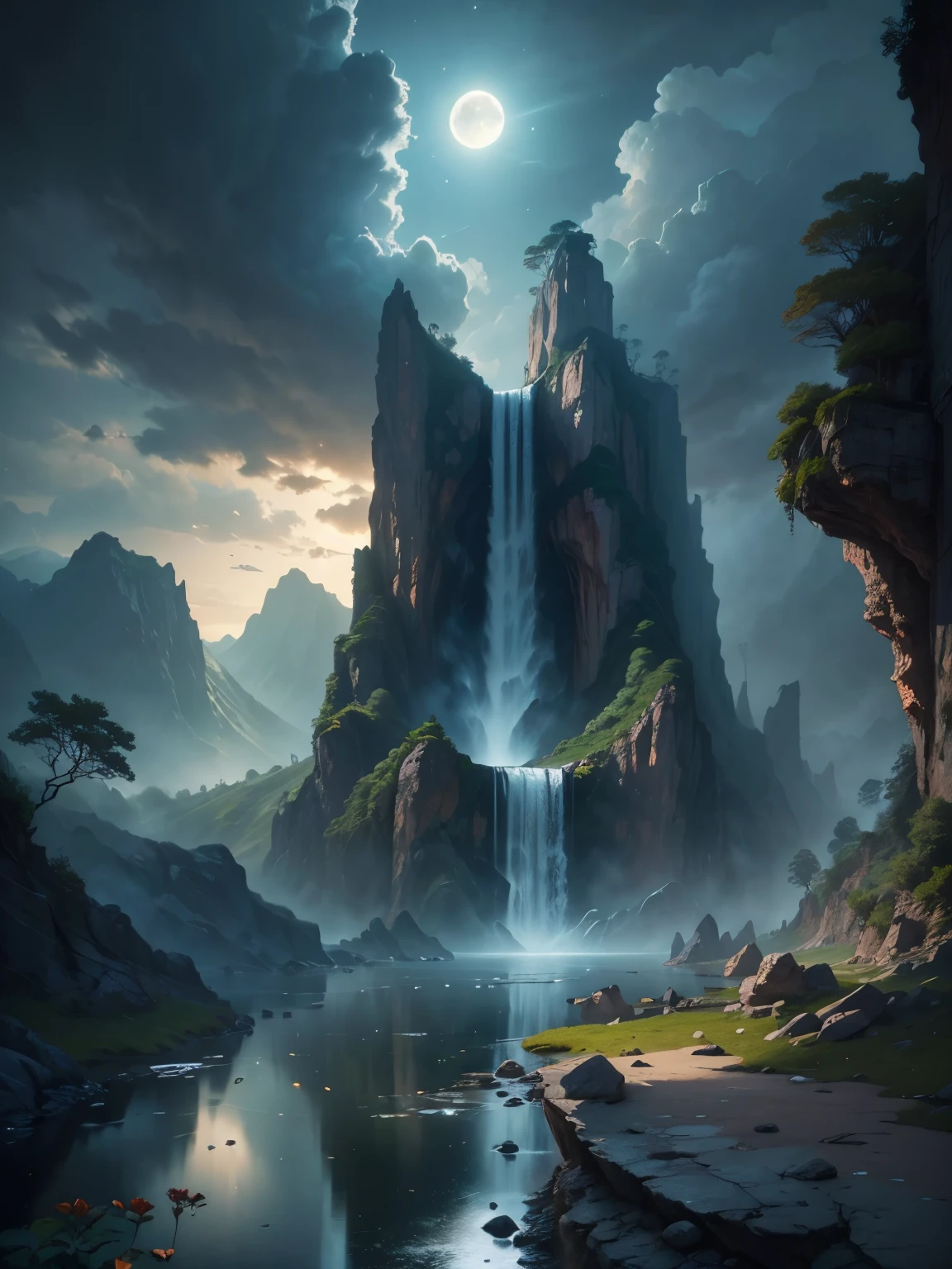 there is a large 水fall in the middle of a 山, 古城, 史诗 matte painting of an island, the 失落的亚特兰蒂斯城, an aztec city in a island 湖, 古城 景观, 失落的亚特兰蒂斯城, 马克·西蒙内蒂. 错综复杂, 美丽的概念艺术, 令人惊叹的概念艺术, 高度逼真的概念艺术, art style of 马克·西蒙内蒂, (((杰作))), 最好的质量, 高质量, 极其详细 CG unity 8k wallpaper, 风景, 户外, 天空, 云, 没有人, 山, 景观, 水, 树, blue 天空, 水fall, 悬崖, 自然, 湖, 河, 云y 天空,获奖摄影, 散景, 景深, HDR, 盛开, 色差 ,真实感,极其详细, artstation 上的热门, CGsociety 上的热门, 错综复杂, 高细节, 戏剧性, midjourney 的艺术作品, tall 水fall, painting of a 河 with rocks and 树s in the foreground, near a 河, 景观, 丛林, 水fall, crystal clear 水, 小夜灯,((满月)), 丰富多彩的, 河 with rocks, 石桥, 史诗, 幻想, ((池塘岸边的玫瑰和鲜花)), ((油画)), moon 景观 reflected in 河, ((石桥))