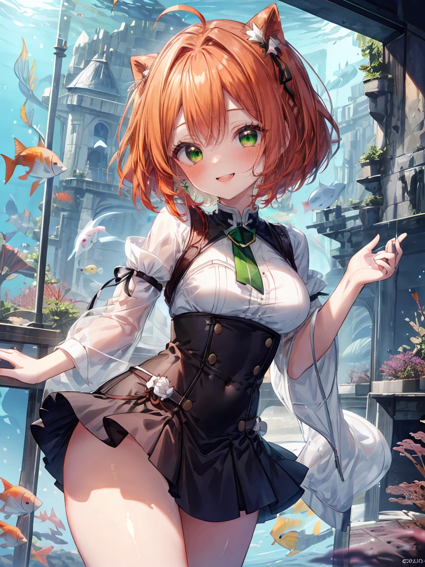((8K masterpiece,highest quality)), ultra high resolution, hyper detail, (1 girl), beautiful face, beautiful and delicate eyes, Big eyes,shining eyes of light,Thin and long eyelashes,((orange hair)),((green eyes)),(bob cut),Ahoge,big breasts,thin waist,(Light Blue One Piece),(very large thighs),red hair band,White bag,White pumps,(grinning face),small blush,(big smile),greeting,((aquarium)), particles of light,motion blur,written boundary depth,spectacular panoramic view,angle from the side