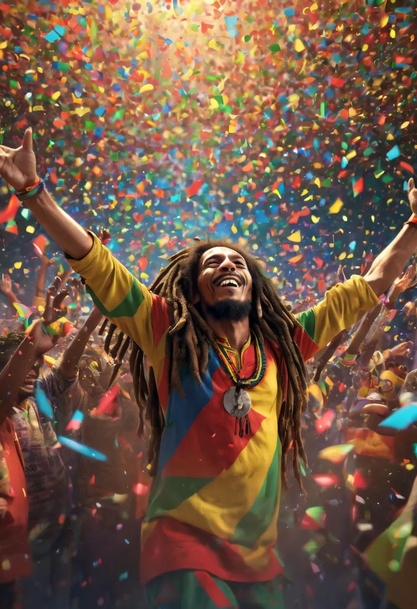 best quality,4k,highres,ultra-detailed,physically-based rendering,realistic,sharp focus,colorful confetti,bob marley and the wai...