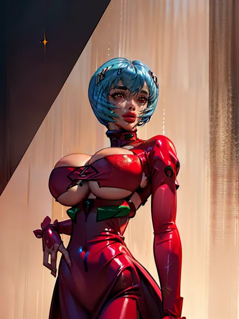 (((Rei ayanami:1.8))), ((gown:1.5)) ((off the shoulder)),  style, (( red dress,  gold details)), anime style, (((elf))) (((Victorian gown:1.5))) (((smoldering eyes))), ((short hair :1.5)), ((blue hair:1.5)), 8k, 4k, Unreal Engine 5, octane render, trending...