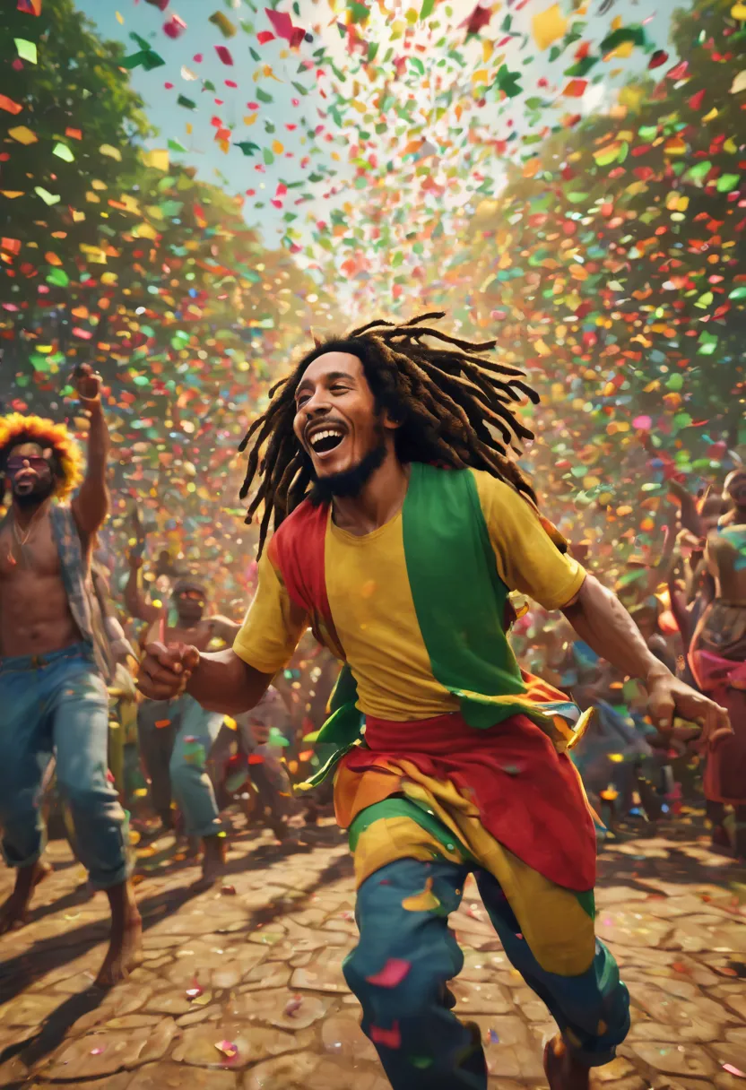 best quality,4k,highres,ultra-detailed,physically-based rendering,realistic,sharp focus,colorful confetti,bob marley and the wai...