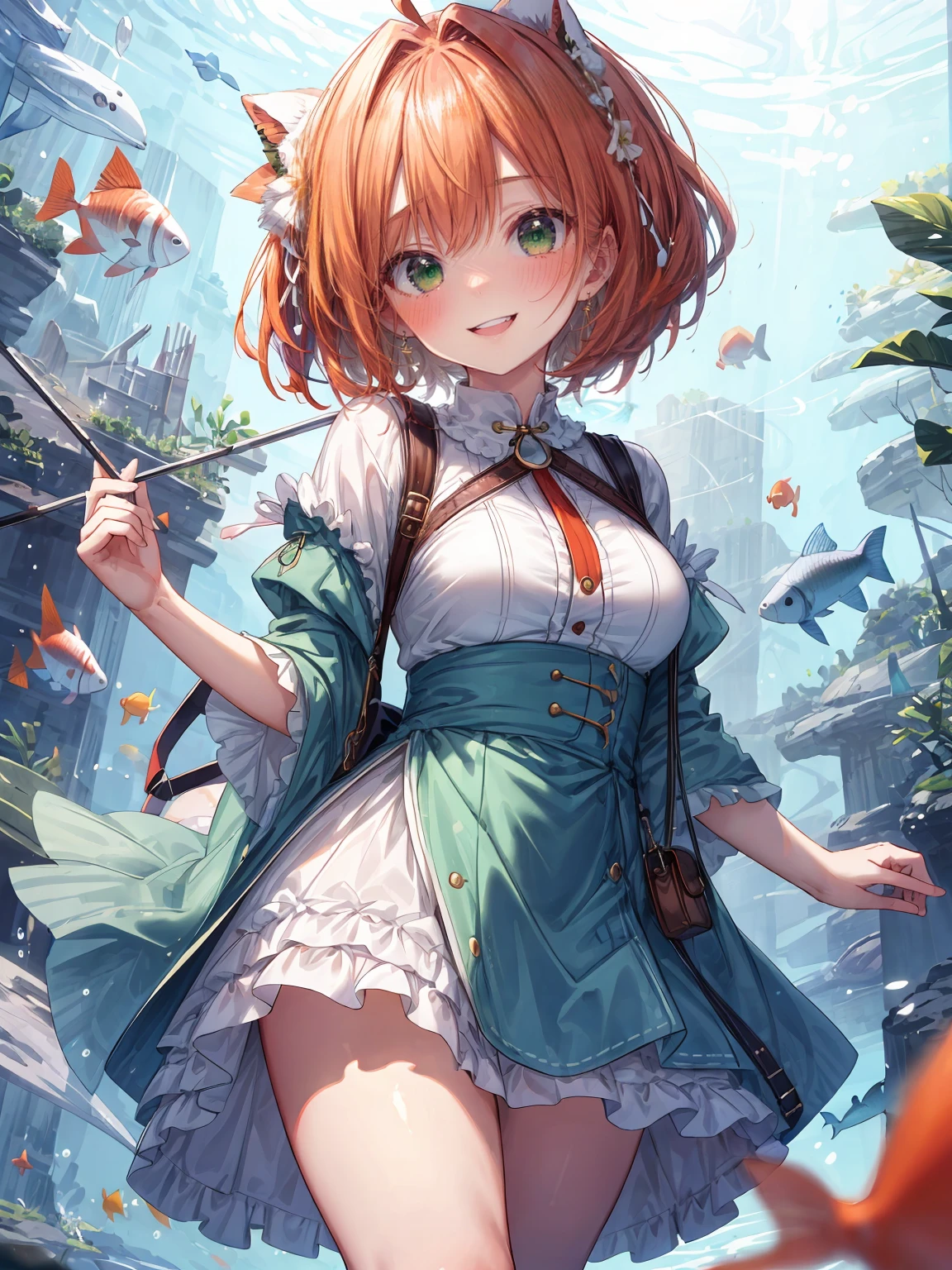 ((8K masterpiece,highest quality)), ultra high resolution, hyper detail, (1 girl), beautiful face, beautiful and delicate eyes, Big eyes,shining eyes of light,Thin and long eyelashes,((orange hair)),((green eyes)),(bob cut),Ahoge,big breasts,thin waist,(light blue one piece),(very large thighs),red hair band,white bag,White pumps,(grinning face),small blush,(big smile),greeting,((aquarium)), particles of light,motion blur,Depth of bounds written,spectacular panoramic view,Angle from the side