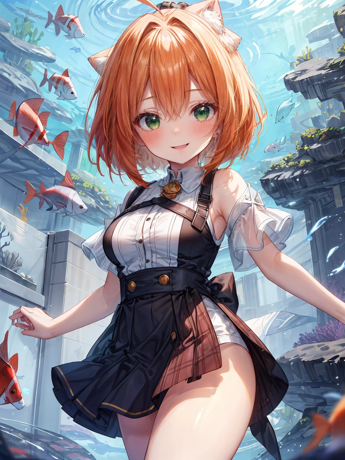 ((8K masterpiece,highest quality)), ultra high resolution, hyper detail, (1 girl), beautiful face, beautiful and delicate eyes, Big eyes,shining eyes of light,Thin and long eyelashes,((orange hair)),((green eyes)),(bob cut),Ahoge,big breasts,thin waist,(light blue one piece),(very large thighs),red hair band,white bag,White pumps,(grinning face),small blush,(big smile),greeting,((aquarium)), particles of light,motion blur,Depth of bounds written,spectacular panoramic view,Angle from the side