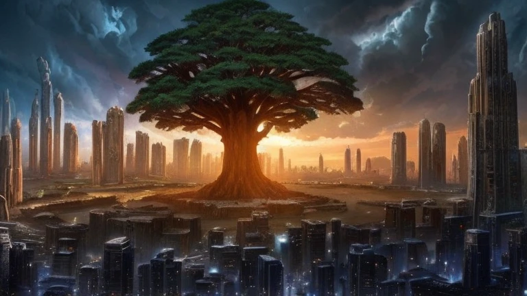 A huge cedar tree that emits a sacred light,Surroundings are ruined cities,dark atmosphere,Extinct civilization,Collapsed buildings,lots of broken androids,Cloudy sky,dry air