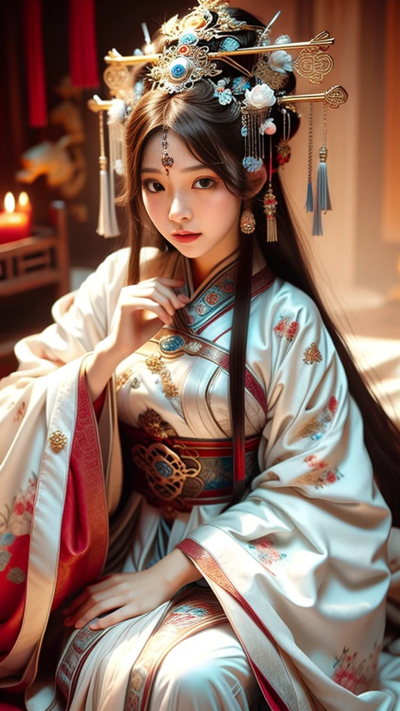 un gros plan d&#39;une femme avec une robe blanche et un tiable, palais ， une fille en hanfu, beauté chinoise ancienne, Ancienne princesse chinoise, Princesse de Chine, beauté traditionnelle, chinoise, Hanfu blanc, femme chinoise, Ruan Jia magnifique!, inspiré par Zhang Yan, inspiré par Qiu Ying, style chinois, Chinois (Traditionnel, inspiré par Zhang Yin