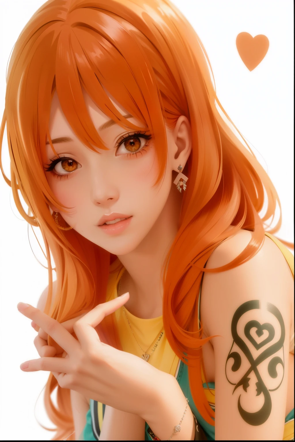 Anime girl with orange hair and tattoos pointing at something - SeaArt AI