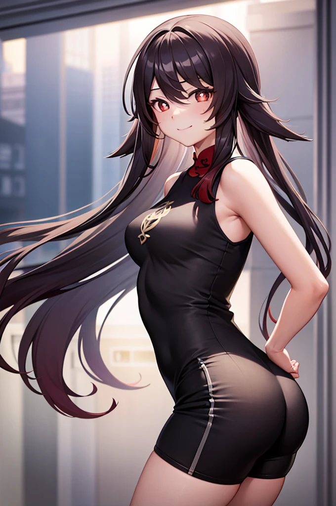 Hu Tao, 1girl, solo, long hair, looking at viewer, smile, breasts, city background, butt, bare shoulders, teeth, tight shirt, short sleeves, closed mouth, black t-shirt,portrait, shorts, skin tight outfit, seductive, realistic, best quality, masterpiece, ultra detail, ultra high res, extreme detail, 8k, uhd