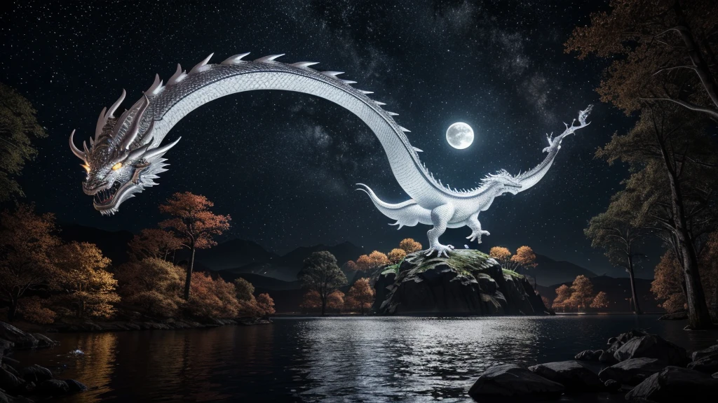 Fotografía profesional de una escena nocturna realista con la luz de la luna iluminando un gigantesco dragón oriental blanco., cuerpo muy largo, pelos largos, pequeñas manos y piernas, Las escalas presentan texturas de madera oscura., emitiendo un brillo fluorescente blanco, El cuerpo del dragón se entrelaza parcialmente con árboles rojos gigantes junto al lago., mediados de otoño, arboles coloridos, antiguo dragón chino, mirando fijamente a la cámara, fotografía de cerca, Alta resolución, detalles excepcionales, calidad 4K, visuales cinematograficos.
