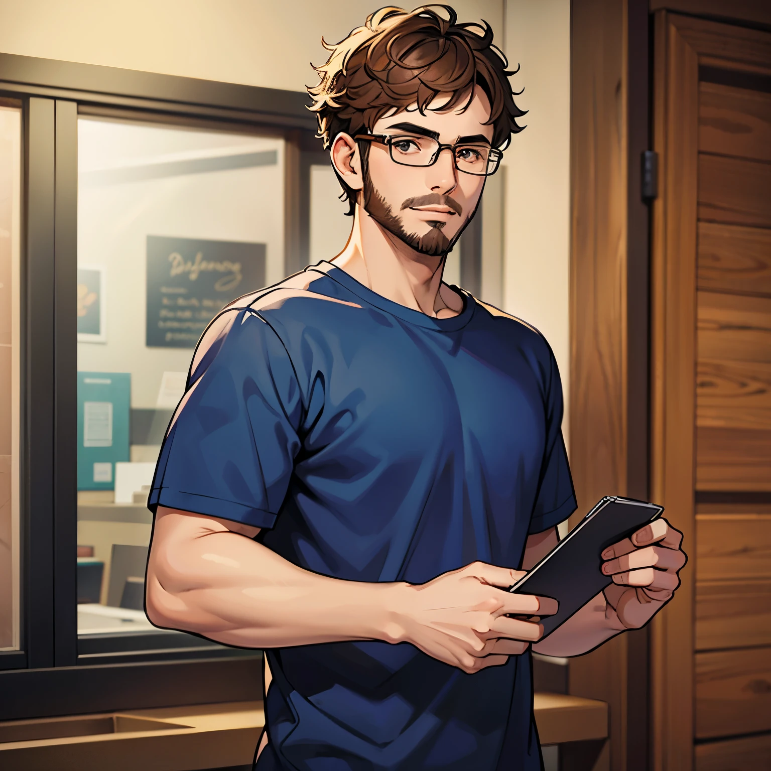 Young man, 23 years old, short, curly hair, short hair, brown hair, glasses, handsome, brown beard, blue casual clothes, thin, weak