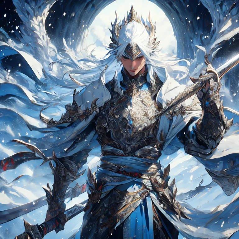 Drawing a snowy mountain sword, Ancient style men&#39;s sword with cold ice flame, Hold the sword that burns the blue flame, Robe dancing swords in the snow，flowing hair, Handsome man with a silver long sword, wearing jade ornaments, The man&#39;s face is full of confident expressions, monsters floating in the sky, There is a mountain behind the man  