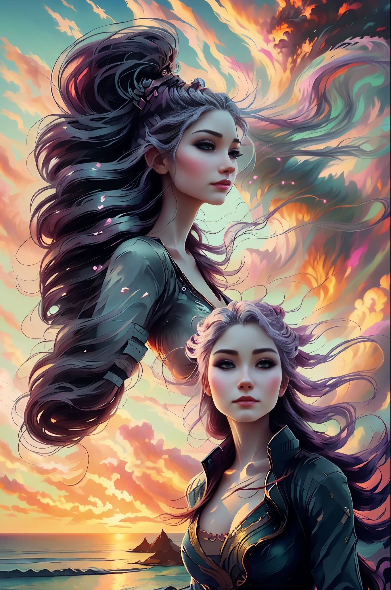 una mujer de pie en un acantilado, un dragón con una cola larga en las nubes pastel con humo, reina dragón, estilo de arte de fantasía, Arte de fantasía 4K, estilo de arte digital de fantasía épica, rostro de mujer de alta definición, labios, ojos, boca, calida sonrisa, ojos amables, mirando hacia el océano, Colores vibrantes