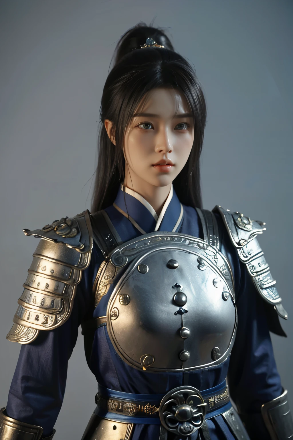 Game art，The best picture quality，Highest resolution，8K，(A bust photograph)，(Portrait)，(Head close-up)，(Rule of thirds)，Unreal Engine 5 rendering works， (The Girl of the Future)，(Female Warrior)， 
15-year-old girl，(The generals of ancient China)，An eye rich in detail，(Big breasts)，Elegant and noble，indifferent，brave，
(Wearing ancient Chinese style armor，Armor of Song Dynasty，Costumes are rich in detail，Metallic luster，Silver gray)，Chinese Characters，Fantasy style，
Photo poses，Field background，Movie lights，Ray tracing，Game CG，((3D Unreal Engine))，oc rendering reflection pattern