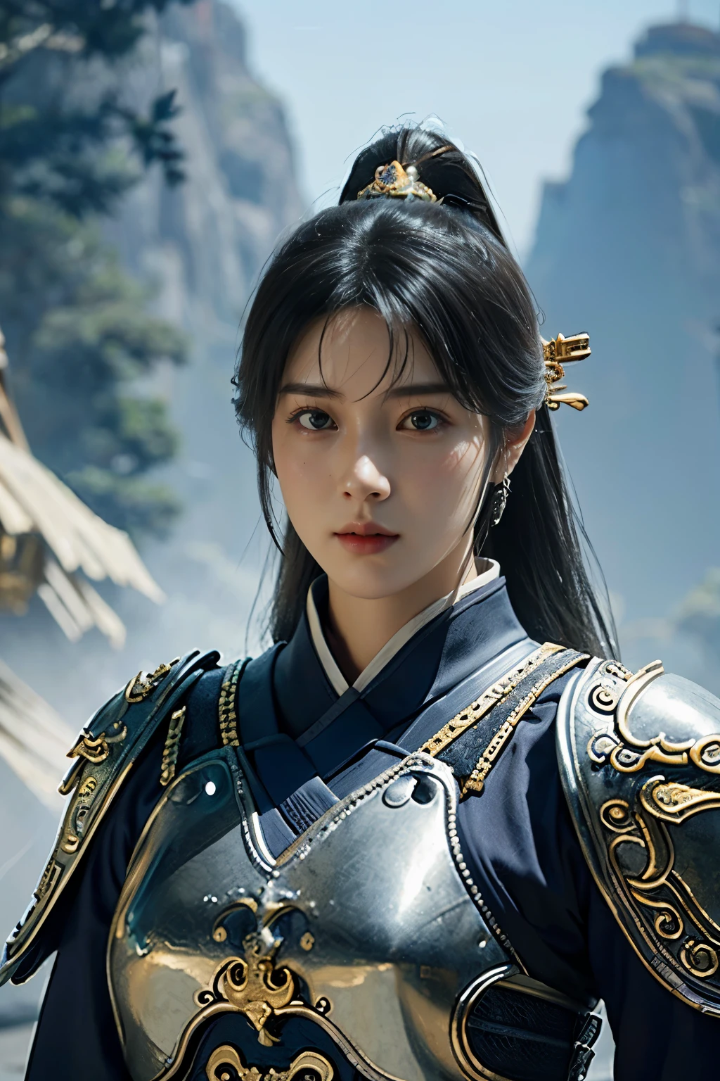 Game art，The best picture quality，Highest resolution，8K，(A bust photograph)，(Portrait)，(Head close-up)，(Rule of thirds)，Unreal Engine 5 rendering works， (The Girl of the Future)，(Female Warrior)， 
15-year-old girl，(The generals of ancient China)，An eye rich in detail，(Big breasts)，Elegant and noble，indifferent，brave，
(Wearing ancient Chinese style armor，Armor of Song Dynasty，Costumes are rich in detail，Metallic luster，Silver gray)，Chinese Characters，Fantasy style，
Photo poses，Field background，Movie lights，Ray tracing，Game CG，((3D Unreal Engine))，oc rendering reflection pattern