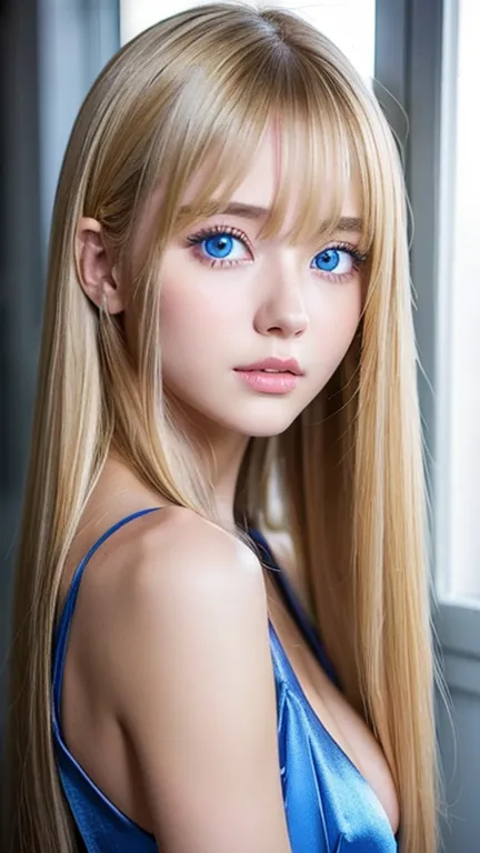 Very beautiful, bright, bright light blue eyes、Very bright blonde hair that shines beautifully、Shiny super long straight hair、si...