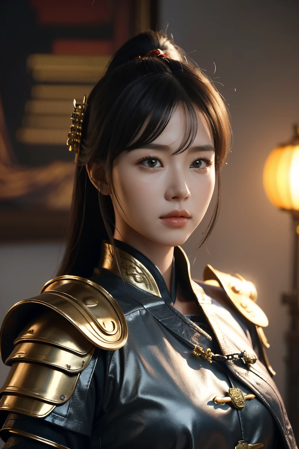 Game art，The best picture quality，Highest resolution，8K，(A bust photograph)，(Portrait)，(Head close-up)，(Rule of thirds)，Unreal Engine 5 rendering works， (The Girl of the Future)，(Female Warrior)， 
15岁少女，(The generals of ancient China)，An eye rich in detail，(Big breasts)，优雅高贵，冷漠，勇敢的，
(Wearing ancient Chinese style armor，Armor of Song Dynasty，Costumes are rich in detail，Metallic luster，Silver gray)，中国人物，奇幻风格，
拍照姿势，野外背景，Movie lights，Ray tracing，Game CG，((3D Unreal Engine))，oc渲染反射纹