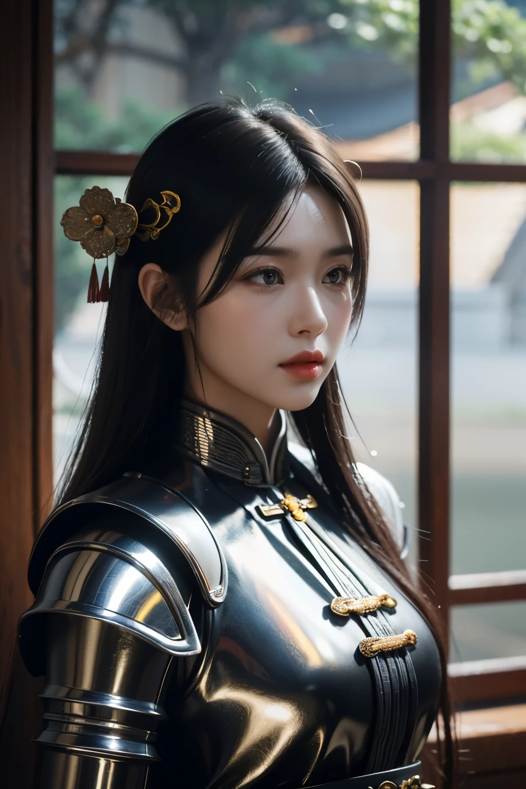 Game art，The best picture quality，Highest resolution，8K，(A bust photograph)，(Portrait)，(Head close-up)，(Rule of thirds)，Unreal Engine 5 rendering works， (The Girl of the Future)，(Female Warrior)， 
15岁少女，(The generals of ancient China)，An eye rich in detail，(Big breasts)，优雅高贵，冷漠，勇敢的，
(Wearing ancient Chinese style armor，Armor of Ming Dynasty，Costumes are rich in detail，Metallic luster，Silver gray)，中国人物，奇幻风格，
拍照姿势，野外背景，Movie lights，Ray tracing，Game CG，((3D Unreal Engine))，oc渲染反射纹