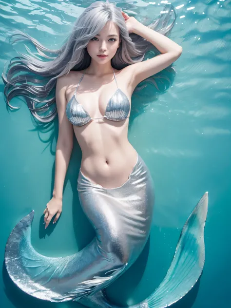 (Masterpiece, best quality, high resolution: 1.2), 1 mermaid girl, alone, The lower part from the thigh down has the shape of a fish&#39;s tail.,Mermaid fish fins, gray eyes, upper body, set, silver hair, 