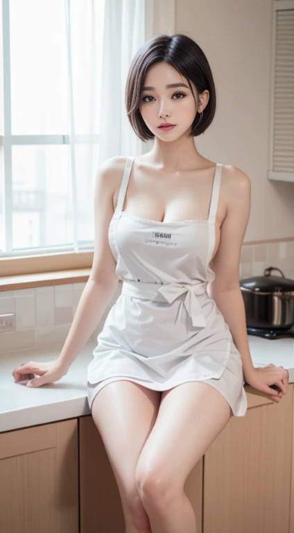 best image quality、Raw photo、Super high resolution、18 year old Japanese、big breasts:1.5、cleavage:1.5、Healthy complexion、glossy white skin、(short cut hair)、black hair、ランダムな色のbeautiful eyes、very thin lips、beautiful eyes、drawn in detail、elongated eyes、light pink blush、long eyelashes、beautiful double eyelids、eye shadow、earrings、beautiful skin、healthy skin、(White micro apron、Naked little apron, rounded udder、The entire shoulder is exposed、Waist, thighs, and armpits are visible、beautiful feet、attractive thighs)、(slightly thick thighs、Sit in the kitchen)、big breasts、Naked with an apron、
