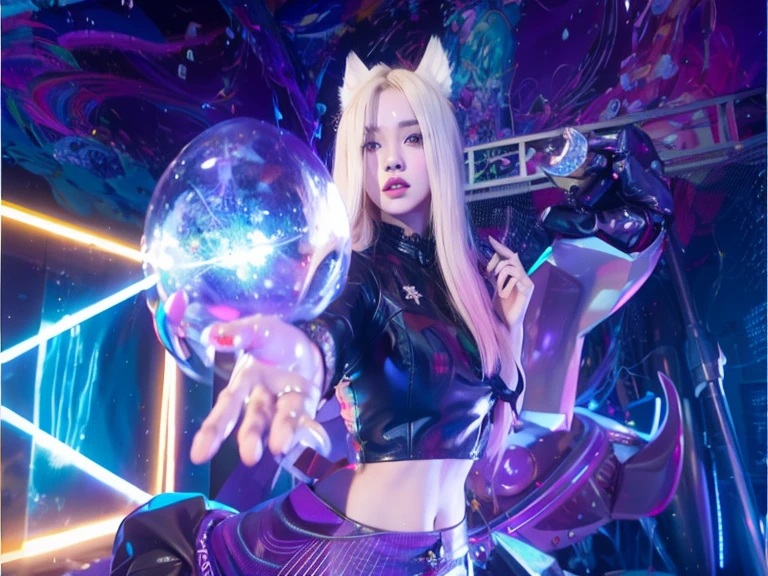 Blonde girl in futuristic outfit holding crystal ball in front of neon background, seraphine ahri Keda, Keda, roseanne park by blackpink, chlorine, cyber universe style, Blackpink Josie&#39;s Portrait, kerli koiv as anime girl, Yoo Lee Ji Eun plays the supervillain, ava max, Doha Cat as Catwoman