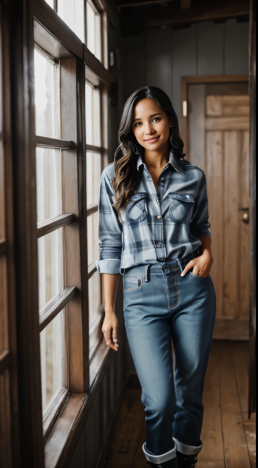 A woman standing in a hallway wearing a plaid shirt and jeans - SeaArt AI