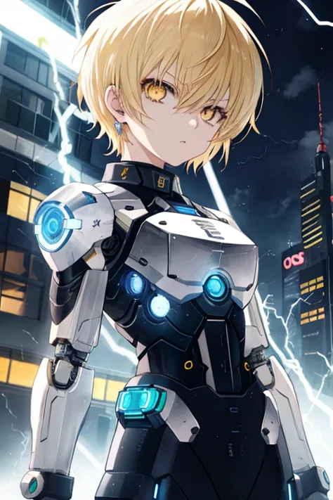 genos, anime, one punch, 1girl, female focus, solo, (electricity), shirt, yellow eyes, blonde hair, short hair, tomboy, colored ...