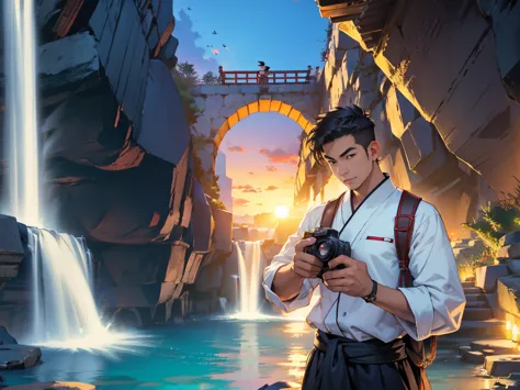 travelerasian man,hold camera,bigcock,water fall ,sunset