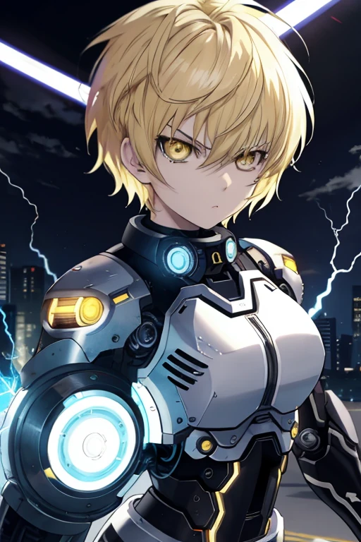 genos, anime, one punch, 1girl, female focus, solo, (electricity), shirt, yellow eyes, blonde hair, short hair, tomboy, colored sclera, looking at viewer, cyborg, serious, best quality, large breats,
