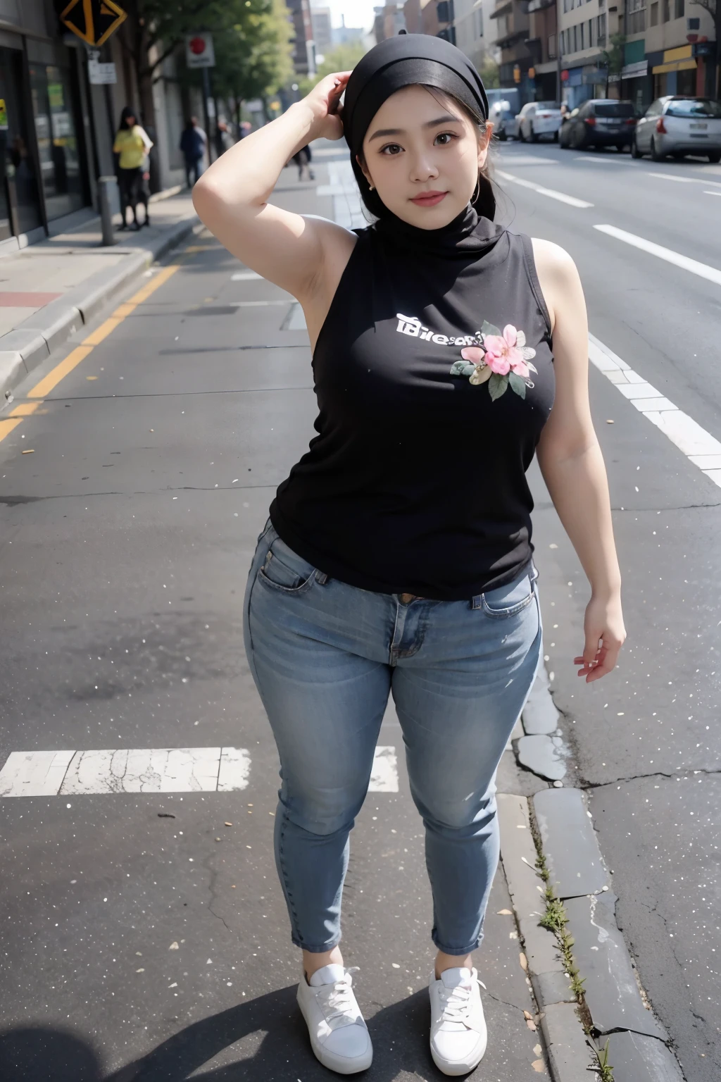 Arafed woman in a black shirt and jeans standing on a street corner -  SeaArt AI