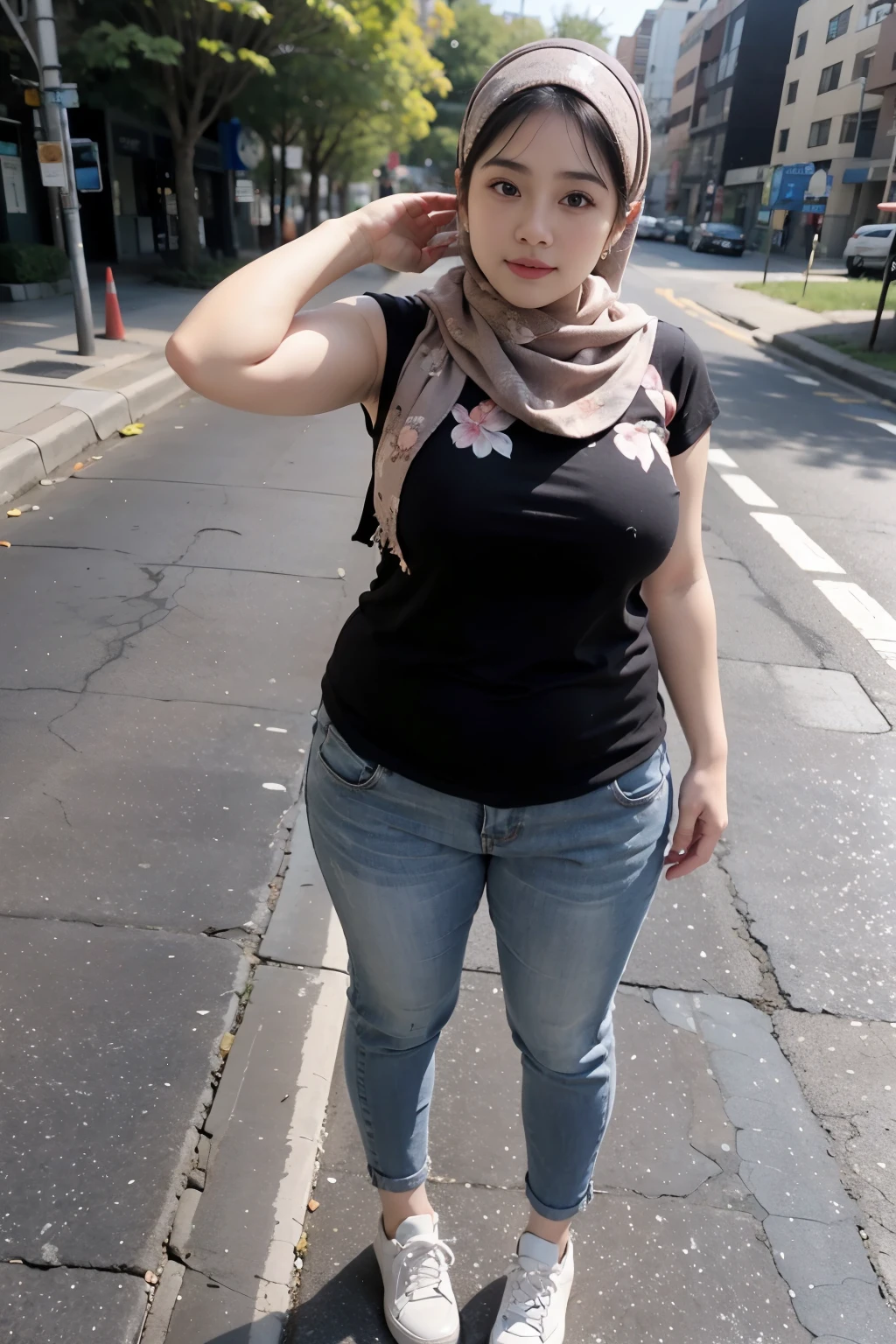 Arafed woman in a black shirt and jeans standing on a street - SeaArt AI