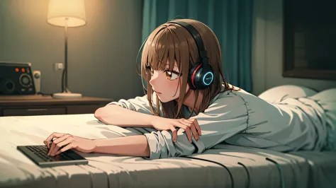 masterpiece, best quality, highres, aachinatsu, medium hair, Girl listening to music in cozy room at night, Use headphones, 2D style anime, lo fi, hard disk, dark environment