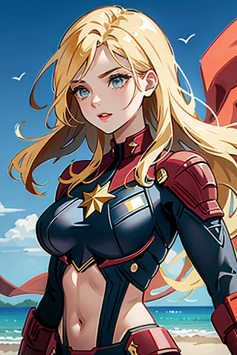 1girl, sky background, busty, cleavage cutout, cptMarvel, bodysuit, exposed midriff