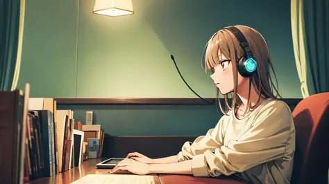 masterpiece, best quality, highres, aachinatsu, medium hair, Girl listening to music in cozy room at night, Use headphones, 2D style anime, lo fi, dark environment
