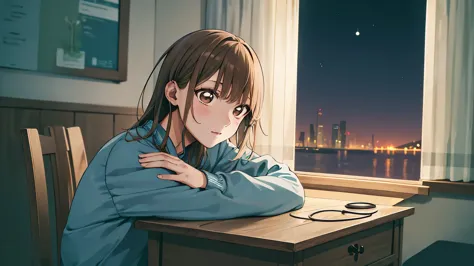masterpiece, best quality, highres, aachinatsu, medium hair, Girl listening to music in cozy room at night, Use headphones, 2D style anime, lo fi, dark environment