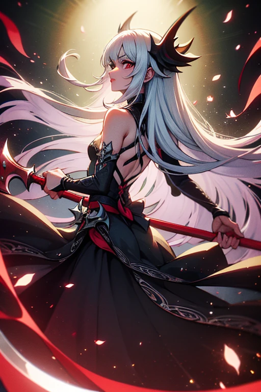 white hair, red eyes, light skin, ((long white hair)), (((battle-axe on back))), black gothic dress, flat chest, ((bored look)), 