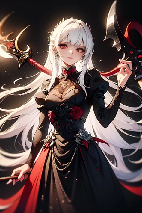 white hair, red eyes, light skin, ((long white hair)), (((battle-axe on back))), black gothic dress, flat chest, ((bored look)),...