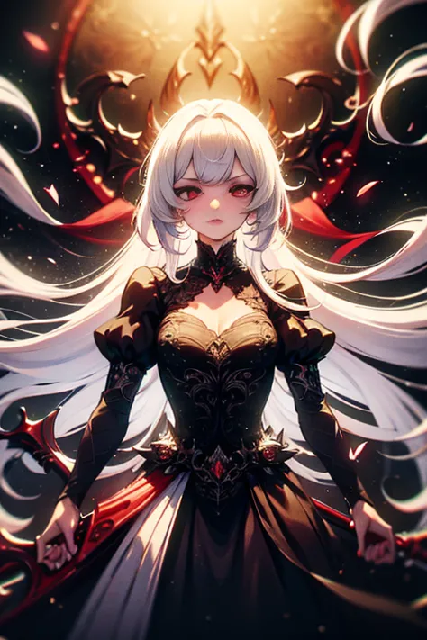 white hair, red eyes, light skin, ((long white hair)), (((battle-axe on back))), black gothic dress, flat chest, ((bored look)),...