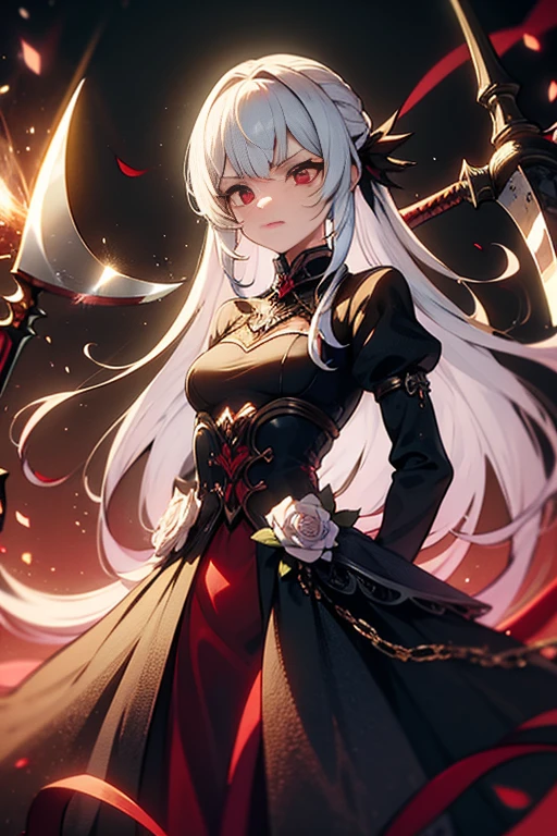 white hair, red eyes, light skin, ((long white hair)), (((battle-axe on back))), black gothic dress, flat chest, ((bored look)), 