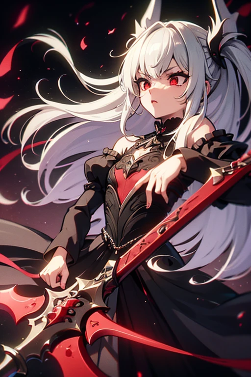 white hair, red eyes, light skin, ((long white hair)), (((battle-axe on back))), black gothic dress, flat chest, ((bored look)), 