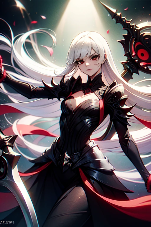 white hair, red eyes, light skin, ((long white hair)), (((battle-axe on back))), black gothic dress, flat chest, ((bored look)), 